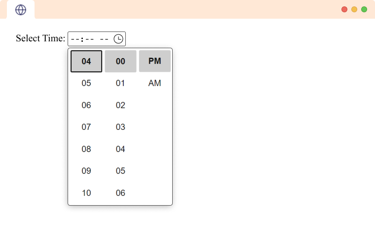 HTML Input type time tag expanded example An Input Tag type time expanded