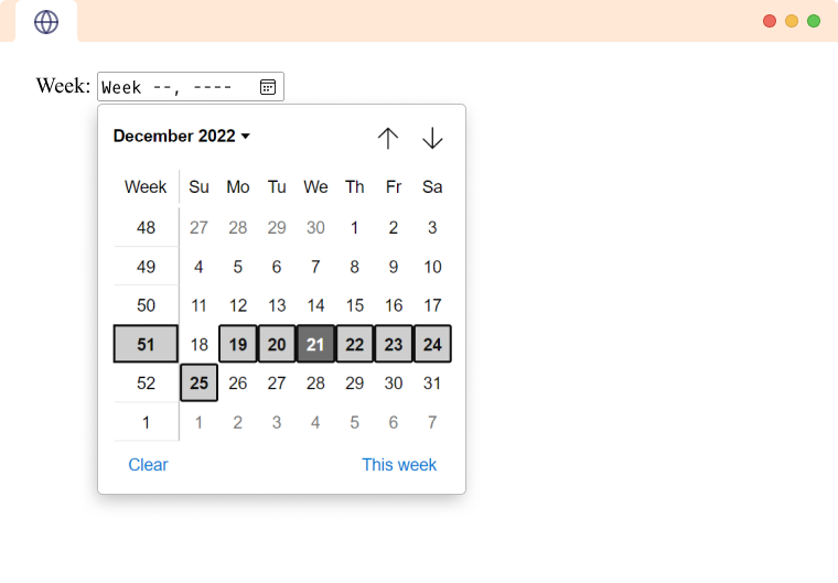 HTML Input type week tag example An Input Tag type week