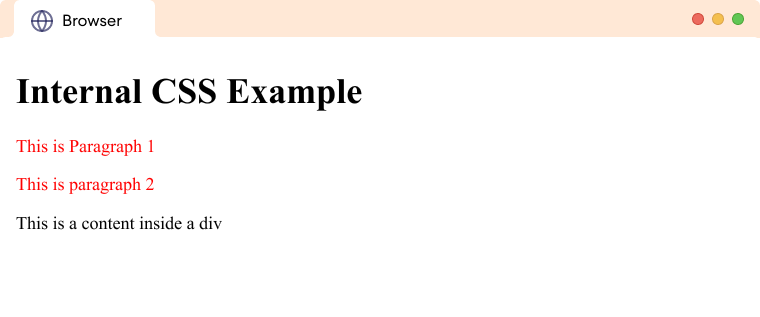 Using Internal CSS to change the text color of the p elements A simple webpage with a heading and two paragraphs.
